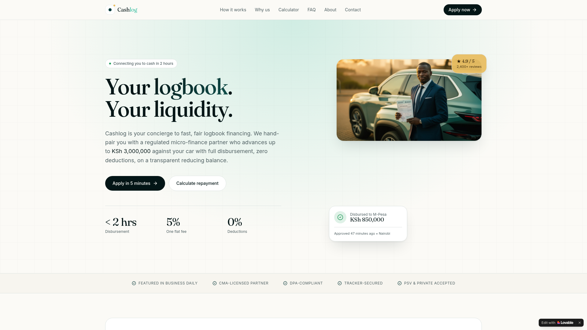 Cashlog — Logbook financing concierge